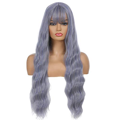Suri Hair Womens Blue Wig Long Fluffy Wave Curly Hair Wigs With Bangs Silky Synthetic Curly Heat Resistant Wigs For Halloween Daily Natural Looking Womens Costume Wig(30 inches) Suri Hair Womens Blue Wig Long Fluffy Wave Curly Hair Wigs With Bangs Silky Synthetic Curly Heat Resistant Wigs For Halloween Daily Natural Looking Womens Costume Wig(30 inches)