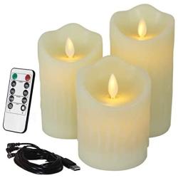 CVHOMEDECO. Flameless Candles Electronic Rechargeable Battery Extra Bright Ivory Dripping Real Wax Pillars LED Flickering Pillar Candle with 10-Key Remote Control, 3 PCS in Set
