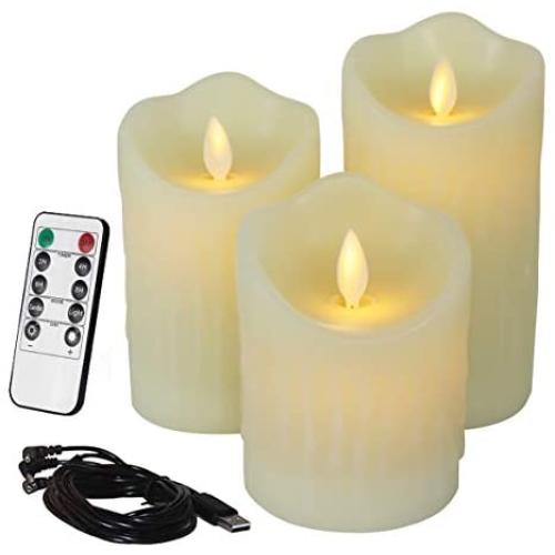 CVHOMEDECO. Flameless Candles Electronic Rechargeable Battery Extra Bright Ivory Dripping Real Wax Pillars LED Flickering Pillar Candle with 10-Key Remote Control, 3 PCS in Set