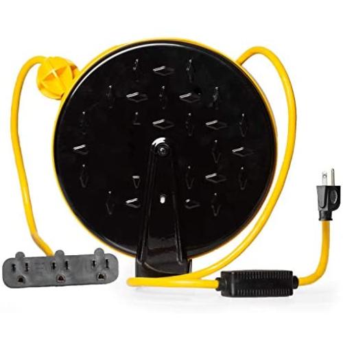 30Ft Retractable Extension Cord Reel with Breaker Switch & 3 Electrical Power Outlets - 16/3 SJTW Durable Yellow Cable - Perfect for Hanging from Your Garage Ceiling