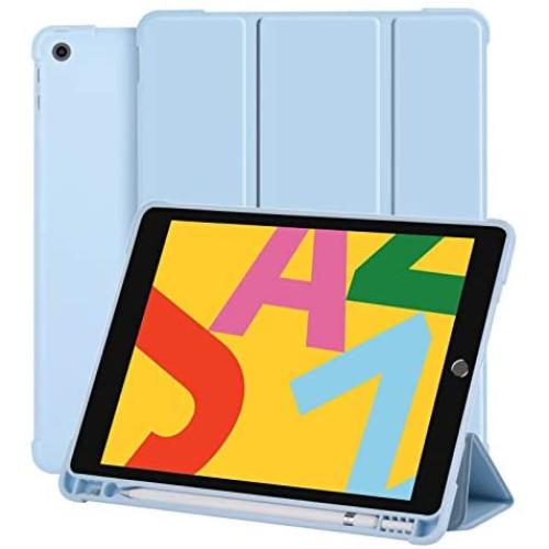 iPad Case 8th Generation 2020/7th Gen 2019 with Pencil Holder, 10.2 Inch iPad Folio for Kids, Slim Trifold Stand Full Body Protective Smart Cover Auto Sleep/Wake - Ice Blue