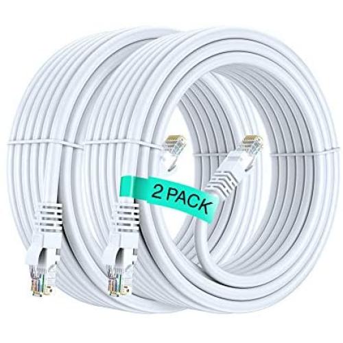 Ethernet Cable, 25 Feet. Cat 6 (2 Pack) High Speed LAN Network, Internet Cord RJ45. 25Ft Cat6, White, Cables Pure Copper, UL