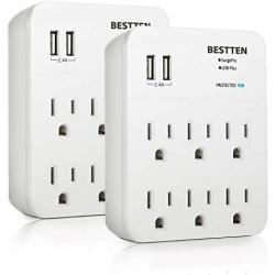 [2 Pack] BESTTEN 6-Outlet Wall Mount Surge Protector, 2.4A Dual USB Charging Ports, 15A/125V/1875W