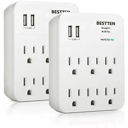 [2 Pack] BESTTEN 6-Outlet Wall Mount Surge Protector, 2.4A Dual USB Charging Ports, 15A/125V/1875W