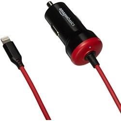 Amazon Basics Straight Cable Lightning Car Charger, 5V 12W, 3 Foot, Black and Red