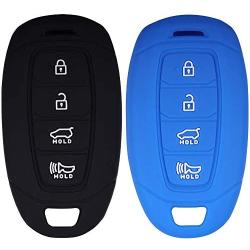 Lcyam Key Fob Cover Silicone Protection Case Remote Holder Fits for 2019 2020 Hyundai Kona Santa Fe Veloster Sonata Keyless Smart Key 4 Button (Black Blue)