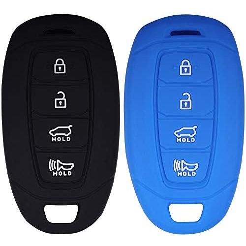 Lcyam Key Fob Cover Silicone Protection Case Remote Holder Fits for 2019 2020 Hyundai Kona Santa Fe Veloster Sonata Keyless Smart Key 4 Button (Black Blue)