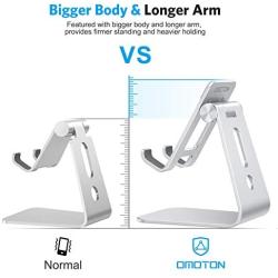 OMOTON C3 Cell Phone Stand for Desk, Larger and Exceptionally Stable, Adjustable Phone Cradle Holder with Bigger Body & Longer Arm, Compatible with iPhone, Tablets (7-10'') and More, Silver