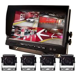 9'' AHD Truck Parking Backup System & Built-in DVR Surveillance IPS Screen 4 Cameras 4-Channel Separate 720P HD Recording for Truck Bus Trailer Motorhome 12V-24V No-Light Night Vision 4-PIN Shockproof