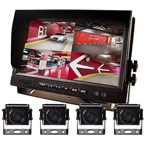9'' AHD Truck Parking Backup System & Built-in DVR Surveillance IPS Screen 4 Cameras 4-Channel Separate 720P HD Recording for Truck Bus Trailer Motorhome 12V-24V No-Light Night Vision 4-PIN Shockproof