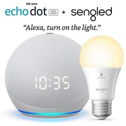 All-new Echo Dot (4th Gen) with clock - Glacier White - bundle with Sengled Bluetooth bulb (Certified for Humans product)