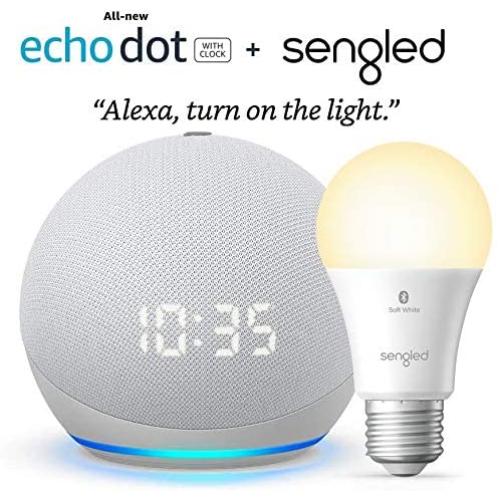 All-new Echo Dot (4th Gen) with clock - Glacier White - bundle with Sengled Bluetooth bulb (Certified for Humans product)