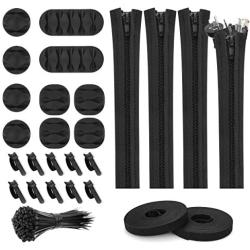 124pcs Cord Management Organizer Kit 4 Cable Sleeve with Zipper,10 Self Adhesive Cable Clip Holder,10pcs and 2 Roll Self Adhesive tie and 100 Fastening Cable Ties for TV Office Home etc (Black)