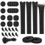 124pcs Cord Management Organizer Kit 4 Cable Sleeve with Zipper,10 Self Adhesive Cable Clip Holder,10pcs and 2 Roll Self Adhesive tie and 100 Fastening Cable Ties for TV Office Home etc (Black)