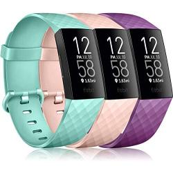 Pack 3 Silicone Bands for Fitbit Charge 4 / Fitbit Charge 3 / Charge 3 SE Replacement Wristbands for Women Men Small Large(Without Tracker) (Large: for 7.1''-8.7'' Wrists, Purple+Mint Green+Pink)
