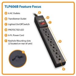 Tripp Lite 6 Outlet Surge Protector Power Strip, 6ft Cord, 790 Joules, Black, & $20,000 INSURANCE (TLP606B)