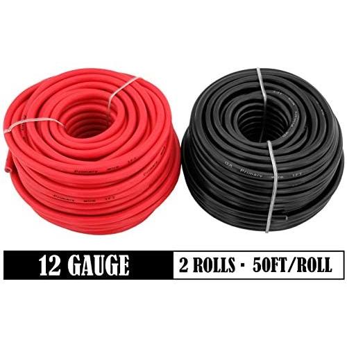 GS Power 12 Gauge Stranded Flexible Copper Clad Aluminum CCA Primary Automotive Wire for Car Stereo Amplifier 12Volt Trailer Harness Hookup Wiring. 50 ft Red & 50 feet Black