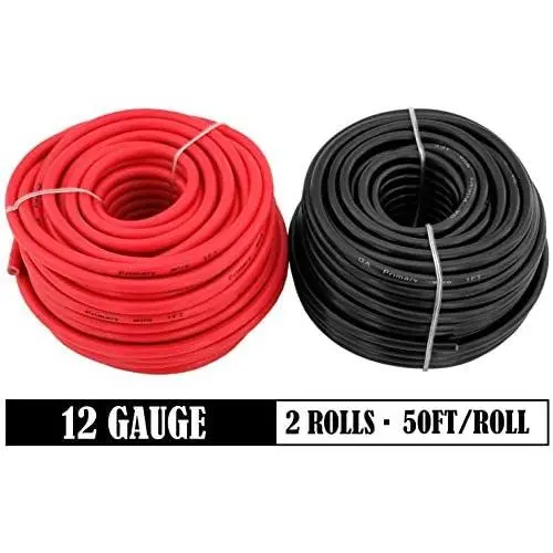 GS Power 12 Gauge Stranded Flexible Copper Clad Aluminum CCA Primary Automotive Wire for Car Stereo Amplifier 12Volt Trailer Harness Hookup Wiring. 50 ft Red & 50 feet Black GS Power 12 Gauge Stranded Flexible Copper Clad Aluminum CCA Primary Automotive Wire for Car Stereo Amplifier 12Volt Trailer Harness Hookup Wiring. 50 ft Red & 50 feet Black