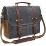 Mens Messenger Bag 15.6 Inch Waterproof Vintage Genuine Leather Waxed Canvas Briefcase Large Satchel Shoulder Bag Rugged Leather Computer Laptop Bag, Grey