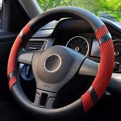 BOKIN Steering Wheel Cover Microfiber Leather Viscose, Breathable, Anti-Slip, Odorless, Warm in Winter Cool in Summer, Universal 15 Inches (Red)