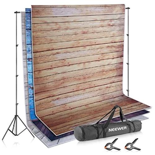 Neewer Photo Video Studio Backdrop and Support Kit: 3-Pack 5x7feet/1.5x2meters Wooden Polyester Backdrop,8.5x10feet/2.6x3meters Adjustable Support System with 2-Piece Background Clamps and Carry Bag