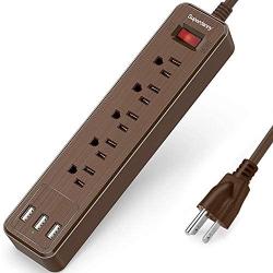 SUPERDANNY USB Surge Protector Power Strip Mountable Extension Cord Fire Proof Multiple Protection 5 Outlet 3 USB Port with Hook & Loop Fastener for iPhone iPad PC Home Office Travel Brown