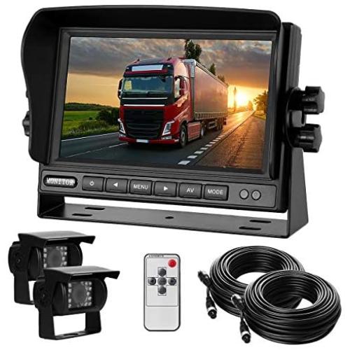 Dual Backup Camera with Monitor Kit System(12-24V) 7'' HD Monitor Reversing +2 Rear View 170° Wide Angel Night Vision Waterproof,18 Infrared Lights Camera Fit for Trucks/RV/Van/Campers/Vehicles.