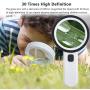 Magnifying Glass with Light, 30X Handheld Large Magnifying Glass 12 LED Illuminated Lighted Magnifier for Macular Degeneration, Seniors Reading, Soldering, Inspection, Coins, Jewelry, Exploring(Black)