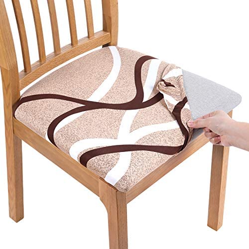 smiry Printed Dining Chair Seat Covers - Stretchy Removable Washable Upholstered Chair Seat Slipcover Protector (Set of 4, Khaki)