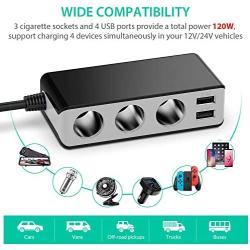 [Updated Version] 3-Socket Cigarette Lighter Splitter, 120W 12V/24V 6.8A 4 USB Ports Multi-Function Car Charger Power Adapter DC Outlet with LED Voltmeter, On Off Switch