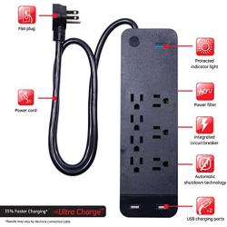 GE, Black, Strip Surge Protector Charger, 7 Outlets, 2 USB Ports, Fast Charge, Flat Plug, Long Power Cord, 3 Feet, Wall Mount, Warranty, 37054, 3 Ft