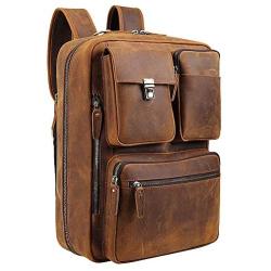 TIDING Mens Leather 17.3 Inch Laptop Backpack Convertible Briefcase Messenger Bag - Brown