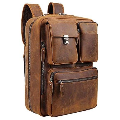 TIDING Mens Leather 17.3 Inch Laptop Backpack Convertible Briefcase Messenger Bag - Brown