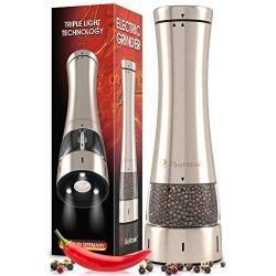 Electric Salt and Pepper Grinder | Premium Electronic Stainless Steel Spice Mill for Coarse Seasoning | Battery Powered One-Handed Pepper & Salt Grinder with Light (9551 single)