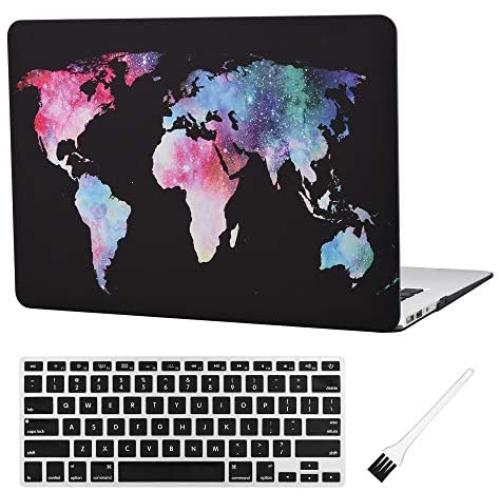 MacBook Air 13 inch Case A1369 A1466 Matte Rubberized Plastic Hard Shell Sleeve Cover World Map Pattern (Old Version 2010-2017) with Silicone Keyboard Cover Dust Brush (Map Pattern-Black)