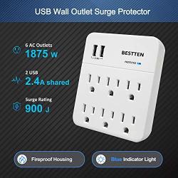 [2 Pack] BESTTEN 6-Outlet Wall Mount Surge Protector, 2.4A Dual USB Charging Ports, 15A/125V/1875W