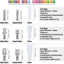 Glarks 315Pcs Quick Splice 2.8mm 4.8mm 6.3mm Male and Female Wire Spade Connector Wire Crimp Terminal Block with Insulating Sleeve Assortment Kit