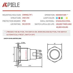 APIELE 19mm Momentary Push Button Switch On Off Stainless Steel with 12V LED Angel Eye Head for 19mm 3/4 Mounting Hole with Wire Socket Plug Self-Reset (White)