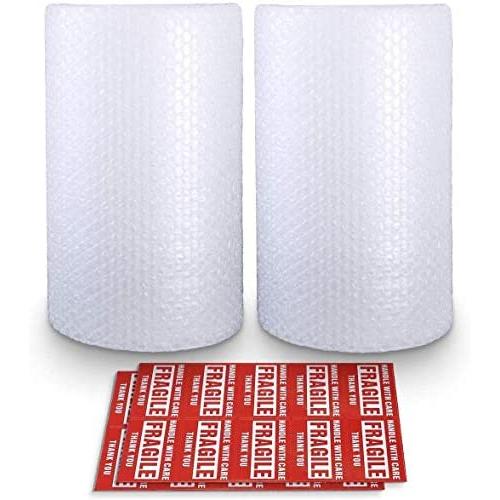Bubble Cushioning Wrap Roll 2 Pack 3/16'' Air Bubble 12 Inch x 74 Feet Total, Perforated Every 12 Inch with 30pcs Fragile Stickers Packing Supplies for Heavy-Duty Moving Shipping
