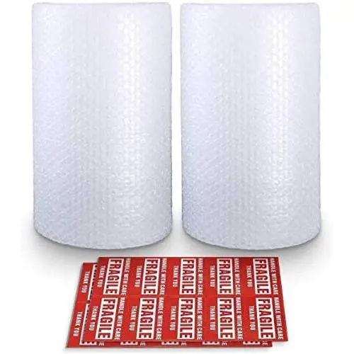 Bubble Cushioning Wrap Roll 2 Pack 3/16'' Air Bubble 12 Inch x 74 Feet Total, Perforated Every 12 Inch with 30pcs Fragile Stickers Packing Supplies for Heavy-Duty Moving Shipping