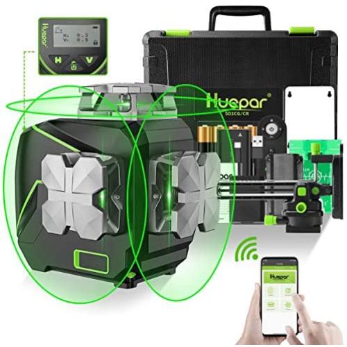 Huepar 12 Lines 3D Self-Leveling Laser Level with LCD Screen 3x360°Bluetooth Connected Green Beam Cross Line Laser Level Tool -360° Horizontal/Vertical Laser Line -Remote Control&Hard Carry Case S03CG