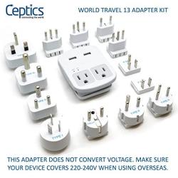 International Plug Adapter Kit, Ceptics World Safest Grounded 13 Adaptor Set Dual USB Ports - Travel Anywhere - Business Use - Perfect for Laptops, Cell Phones, Chargers - Surge Protection