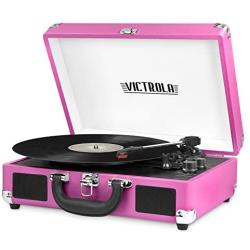 Victrola Vintage 3-Speed Bluetooth Portable Suitcase Record Player with Built-in Speakers | Upgraded Turntable Audio Sound| Includes Extra Stylus | Pink, 1SFA (VSC-550BT-PNK)