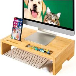 Amada 16 inch Computer Monitor Riser Stand - Bamboo Desk & Tabletop Organizer for Home and Office Monitor Mount Computer Laptop Cellphone Printer Stand-AMBMS03