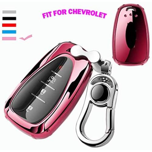 K LAKEY Key Fob Cover, Compatible with Key fob case Malibu Camaro Cruze Spark Volt Sonic Trax Equinox, Smart Car Key Soft TPU Case Shell Protector Key Fob with Alloy Keychain Pink