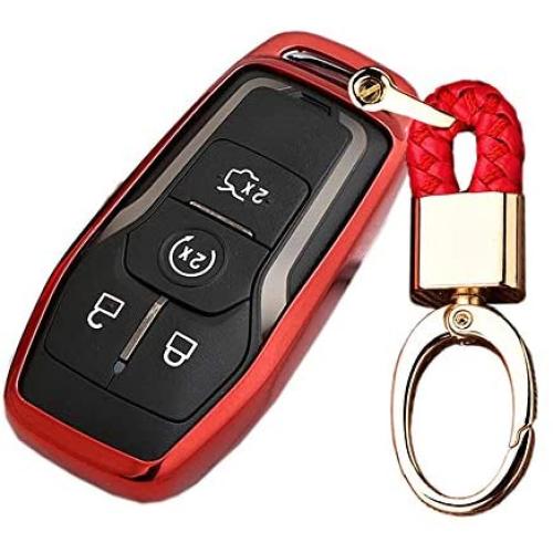 Royalfox(TM) 4 5 Buttons TPU Smart keyless Entry Remote Key Fob case Cover Keychain for Ford Mustang F-150 F-450 Explorer Taurus Fusion Edge,Lincoln MKZ MKC MKX (red)