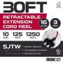 30Ft Retractable Extension Cord Reel with Breaker Switch & 3 Electrical Power Outlets - 16/3 SJTW Durable Red Cable - Perfect for Hanging from Your Garage Ceiling