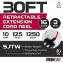 30Ft Retractable Extension Cord Reel with Breaker Switch & 3 Electrical Power Outlets - 16/3 SJTW Durable Red Cable - Perfect for Hanging from Your Garage Ceiling