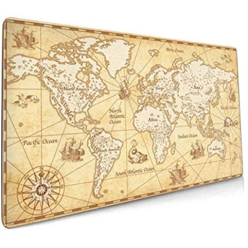Great Detail Illustration World Map Gaming Mouse Pad Computer Keyboard Mouse Mat Large Extended Soft Ultra Thick Premium-Textured & Waterproof With Stitched Edges Non-Slip Rubber Base For Work, Laptop