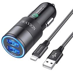 IWAVION Car Charger Compatible with iPhone 11 Pro Max/11/XS Max/XS/XR/X/8/7 Plus/7/6S/6/5S/5C/SE/5,iPad Pro/Air/Mini, with 3ft Charging Cable, Quick Charger 3.0&2.4A Dual Fast USB Car Charger Adapter